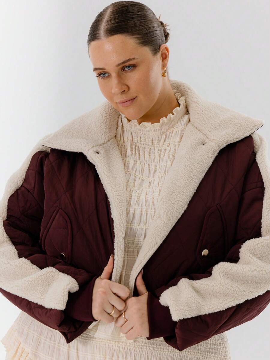 Aralina Curve Women Shearling Collar Plus Size Quilted Padded Jacket - Burgundy - View 1