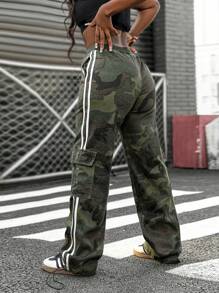 SHEIN Slayr Women Casual Loose Camouflage Striped Drawstring Waist Cargo Pockets Straight Leg Jeans - Multicolor - View 6