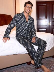 CoupledUp Ensemble pyjama homme à manches longues et pantalon à motif damier col chemise - Multicolore - Voir 6