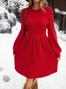 SHEIN VCAY 休闲度假圆领灯笼袖修身女士毛衣连衣裙 - 紅色 - 查看 3
