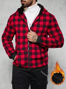 Manfinity Homme Sudadera con cremallera a cuadros sencilla para hombres, uso diario casual, Navidad, cárdigan de cuadros rojos, camisetas térmicas, forro polar esponjoso para mantener el calor