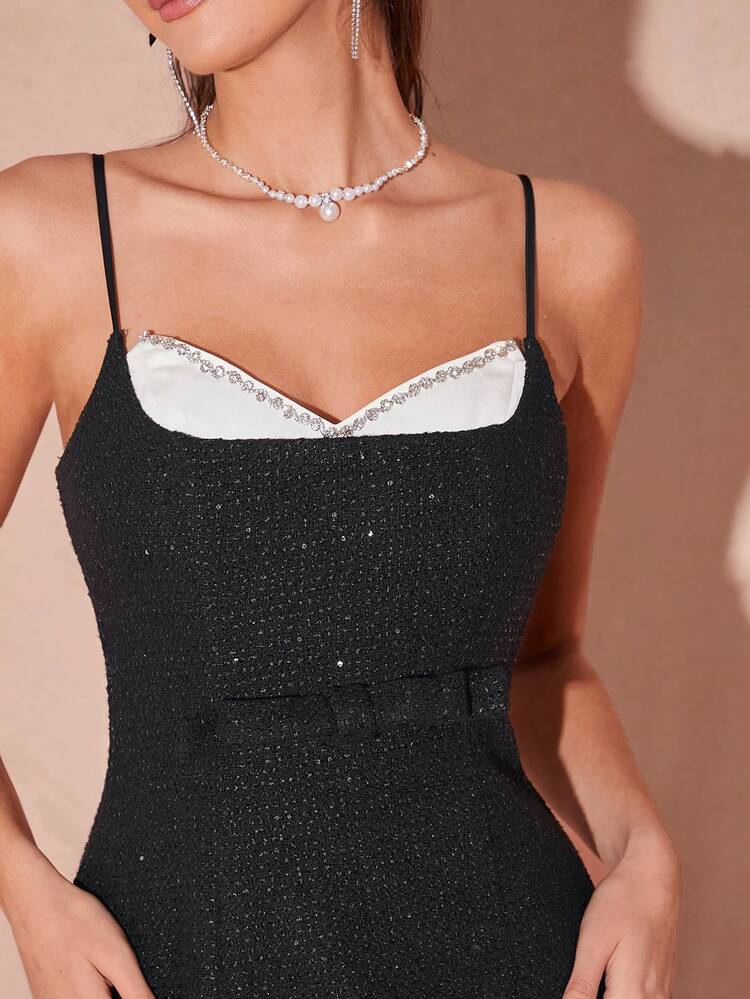 Autumn/Winter Romantic Women's Black Contrast Color Splice Sparkling Diamond Decor Cami Mini Bow Dress,For Halloween&Thanksgiving&Christmas Party,Sweetheart&Elegant&Sexy