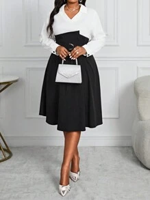 Fleurora Spring And Summer Autumn And Winter Elegant Casual Commuting Office Black White Woven Shirt Collar Flared Shirt Sleeve Plus Size Dresses Flared Set