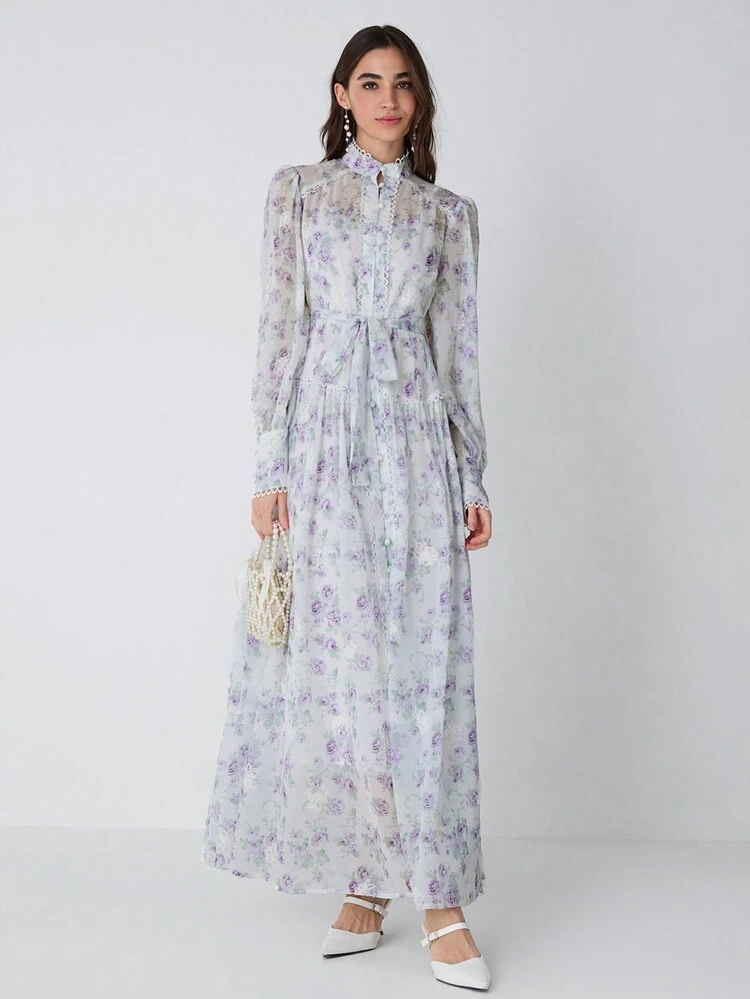 冬の商品、ロマンチックなホリデーレディースフローラルプリントスタンドカラーベルト付きボタンフロントロングスリーブドレス、新年ドレス、クリスマスレディース服、冬服、エレガントなレディースドレス