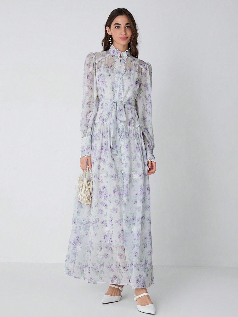 Women's White Floral Elegant Garden Party Dress,Autumn Winter Floral Print Stand Collar Belted Button-Front Long Sleeve Holiday New Years Outfits