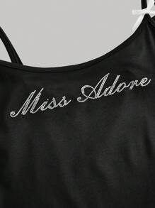 SHEIN MOD 女士时尚字母水钻装饰蝴蝶结吊带背心 - 黑色 - 查看 3