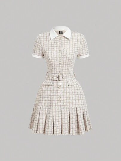 SHEIN MOD Vintage Plaid Patchwork Pleated Short Sleeve Dress Back To School Clothes School Outfits Old Money Style