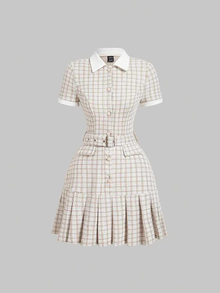 SHEIN MOD 复古格子拼布褶皱短袖连衣裙 返校服装 校服 旧钱风格 - 卡其色 - 查看 1