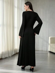 Modelyn Vestido ajustado de midi/largo con mangas acampanadas en punto texturizado negro para mujer, vestido largo de noche para mujer - Negro - Ver 6