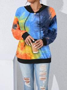 SHEIN LUNE Plus Size Fashion Tie-Dye Drawstring Sweatshirt, Autumn Pullover Fall - Multicolor - View 4