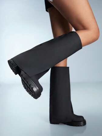 Cuccoo CUCCOO GRLICON Women's Fashion Black Leg Tube Boots, Thick Sole Knee-High Boots, Sexy Lady Riding Boots For Commuting, Dating, Party, Holiday