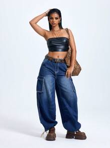 SHEIN ICON Jeans cargo informales amplios desgastados para mujer - Azul lavado oscuro - Ver 3