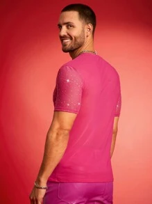 FeverCity 男士圆领短袖网眼拼接休闲T恤 - 玫紅色 - 查看 2