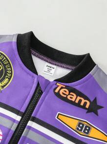 SHEIN Young Girls Fashion Color Block Letter Print Short Loose Stand Collar Zip-Up Biker Jacket, Suitable For Autumn, Purple Jacket