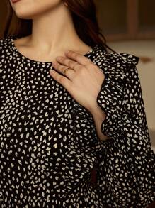 Elaquor Plus Size Women's Fall Dresses,Elegant Dress,Cheetah Dress,Women Fall Clothes, Contrast Ruffle Hem All Over Print Crew Neck Long Sleeve Cute Dress - Black - View 7