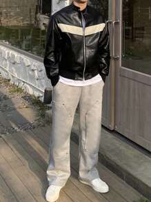 DAZY Men's Casual Contrast Color Zip-Up Stand Collar Jacket, Autumn - Black and White - View 6