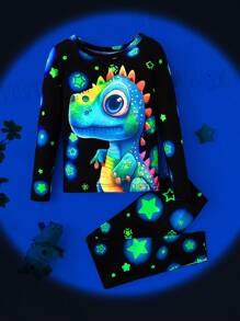 SHEIN 男童紧身 2 件套恐龙夜光图案印花长袖上衣和裤子睡衣 - 黑色 - 查看 1