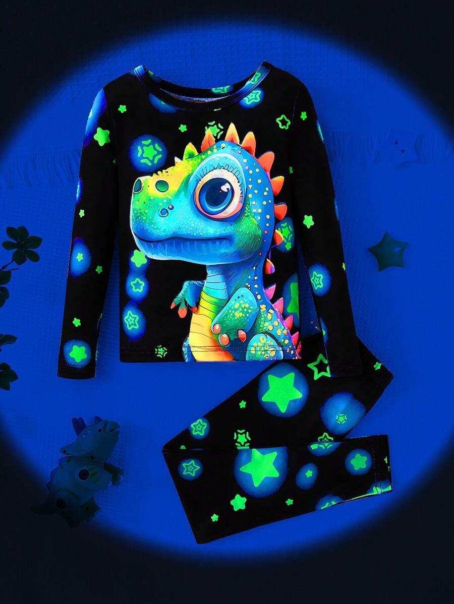 SHEIN 男童紧身 2 件套恐龙夜光图案印花长袖上衣和裤子睡衣 - 黑色 - 查看 1