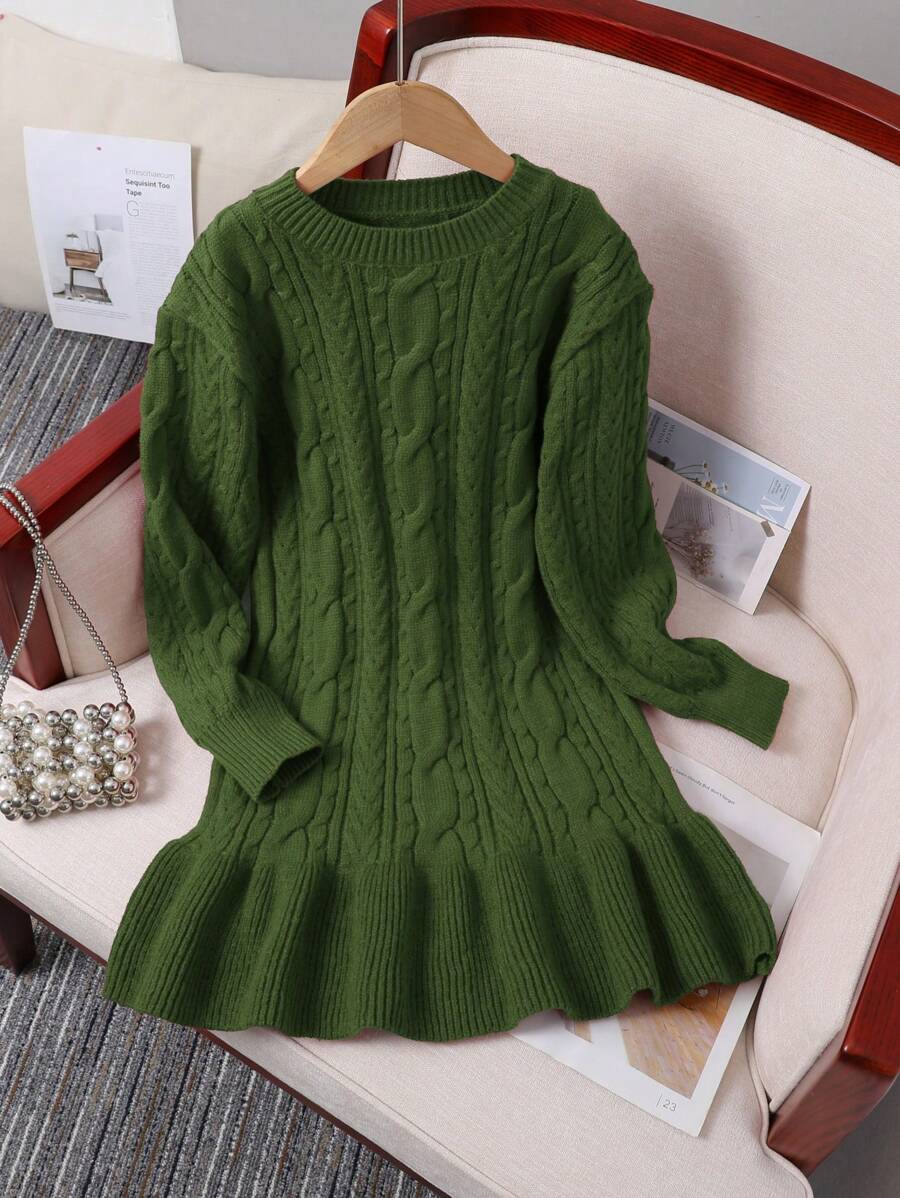 Tween Girl Crew Neck Autumn/Winter Rib Knit Sweater Dress - Army Green - View 1