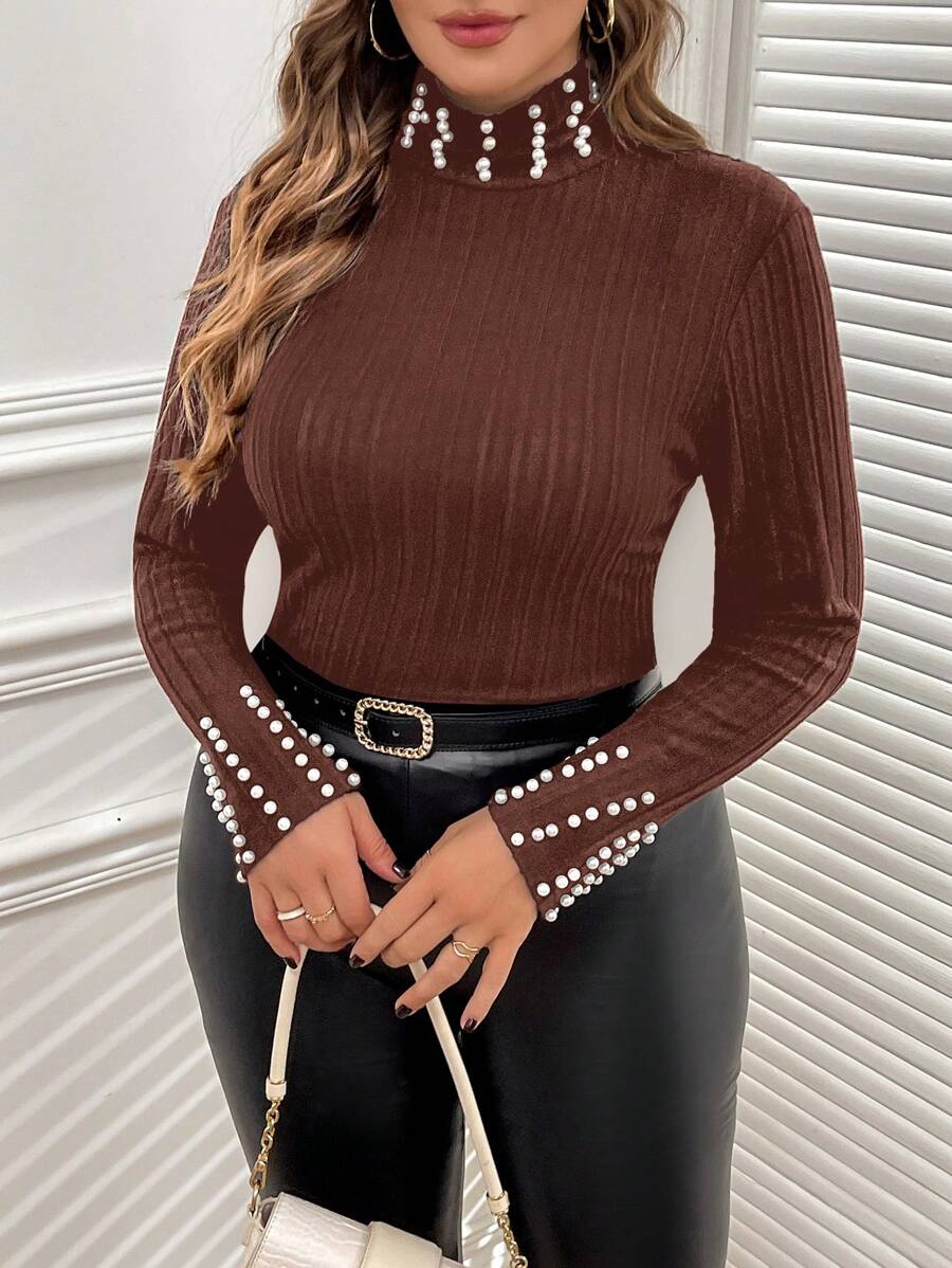 SHEIN Clasi Áo thun nữ bó sát, ấm áp, có gân, mềm mại, dự tiệc/lễ hội cỡ lớn dành cho nữ - màu nâu - Xem 1