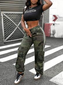 SHEIN Slayr Women Casual Loose Camouflage Striped Drawstring Waist Cargo Pockets Straight Leg Jeans - Multicolor - View 2