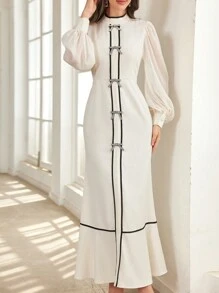 Modelyn 时尚 3D 蝴蝶结装饰长裙 女士超长连衣裙 长款晚礼服 - 杏色 - 查看 6