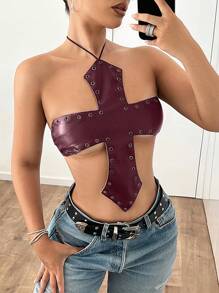 SHEIN ICON Y2k 性感派对外出 PU 皮革露背上衣，带露背设计和环形装饰 - 酒紅色 - 查看 4