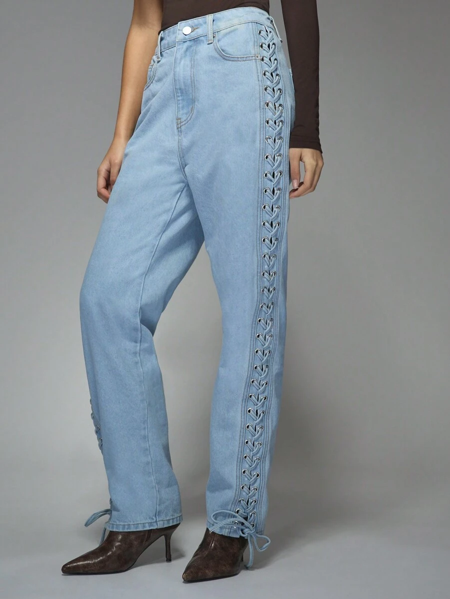 MISSGUIDED Lace Up Side Jeans High Waisted Straight Leg Denim Streetwear Festival Y2K Aesthetic Pants Western Style Retro Fashion Statement - Blue - View 1