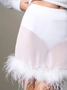 AiiRZ 优雅迷你裙羽毛饰边派对晚宴薄纱罩衫高腰白色铅笔裙婚礼伴娘晚宴特殊场合 - 白色 - 查看 3