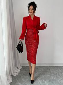 Selianne V 领锡箔拼布束腰女式优雅紧身连衣裙新年服装长款女装 - 紅色 - 查看 3