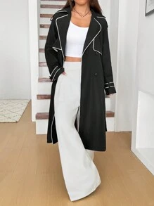 SHEIN EZwear Women's Casual Loose Lapel Neck Long Sleeve Long Trench Coat, Autumn - Black - View 5