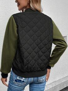 SHEIN LUNE Olivgrüne & Schwarze Farbblock Damen Jacke mit Langarm, geeignet für den täglichen Gebrauch und Outdoor, Bomberjacke für Frauen