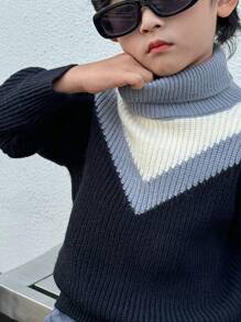 年轻男孩时尚纯色高领长袖柔软保暖针织毛衣，适合秋冬季日常穿着、寒冷天气和旅行 - 黑與白 - 查看 4