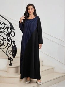 Al Najma Vestido árabe de manga larga con cuello redondo, de corte holgado, estilo color block y diseño de parches a rayas, para uso diario casual. Modesto, elegante abaya, kaftan y jalabiya.