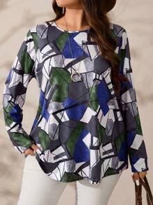 EMERY ROSE Plus Size Fall Women's Geometric Print Crew Neck Long Sleeve Casual T-Shirt, Graphic Tee,Winter Clothes For Women