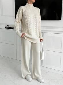 EURMUSE Women High Neck Sweater And Maxi Sweater Skirt 2 Two Piece Set Co-Ords - Beige - View 5