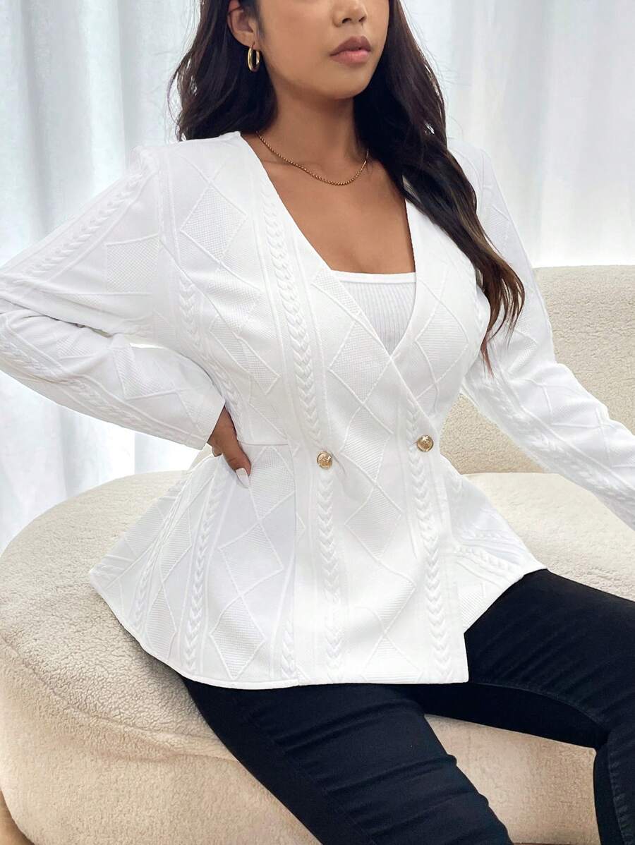 SHEIN Frenchy Plus Size V-Neck Casual Jacket, Minimalist And Fashionable For Everyday Wear Fall/Winter - White - View 1