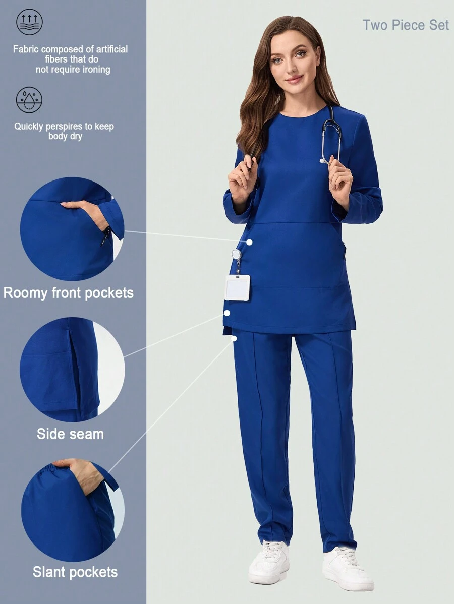 Scrubzie 2 件套女士抗皱功能性面料圆领长袖长款束腰上衣和紧身裤护理制服手术服套装 - 藍色 - 查看 1