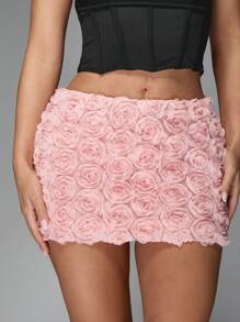 MISSGUIDED 花卉玫瑰纹理迷你裙，手工3D玫瑰花结装饰，适合晚宴、婚礼宾客、春夏特殊场合穿着 - 粉色 - 查看 5