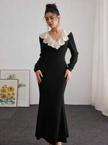 Modelyn Tight Fitting Sexy Color Block Collar Patchwork Form-Flattering Long Dress For Women Maxi Women Outfit Long Evening Dresses Fall Cloth For Women - Black - View 1