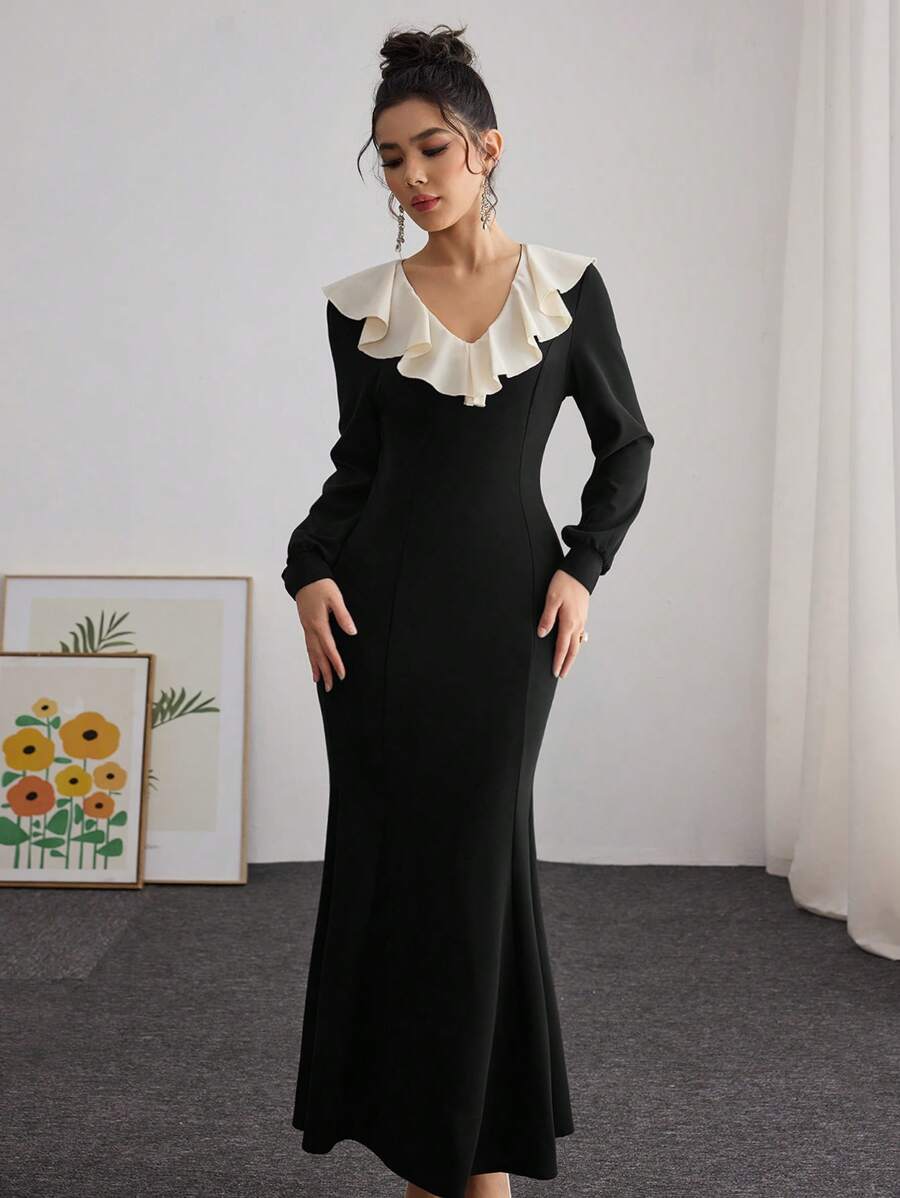 Modelyn Tight Fitting Sexy Color Block Collar Patchwork Form-Flattering Long Dress For Women Maxi Women Outfit Long Evening Dresses Fall Cloth For Women - Black - View 1