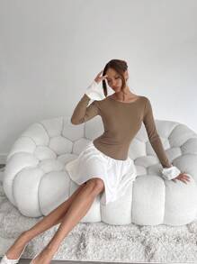 SHEIN Essnce Casual Women's Knit And Linen Mini Dress - Smoke & Ivory Fall/Winter Dress Bachelorette Dress Y2k Dress Fall/Winter Color Block Round Neck Long Sleeve Pleated Simple Casual Short Dress Women Dresses Black Lantern Dress Hem Dress /Flower Bud Hem/Ruffle/Birthday Outfit/Bubbl Thanksgiving Mini Dress