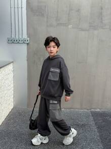 Tween Boy 休闲韩版宽松拼布口袋字母印花连帽衫和松紧腰裤套装，适合秋季、春季、冬季，适合户外玩耍、学校、街头风格、派对和休闲 - 深灰色 - 查看 3