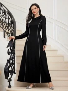 Modelyn Women's Elegant Contrast Color Floral Decor A-Line Long Dress Maxi Women Outfit Long Evening Dresses - Black - View 4