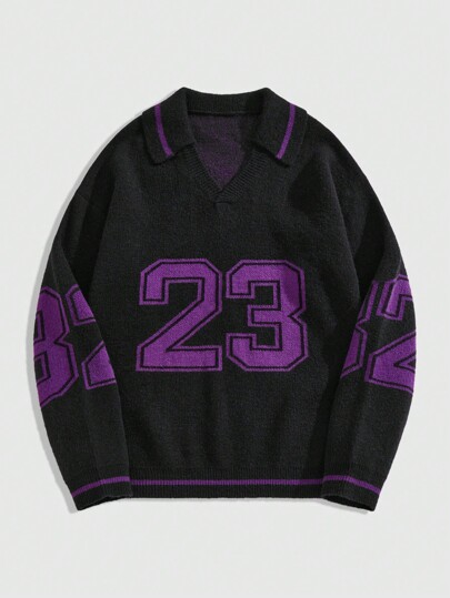 Prep Suéter holgado casual de cuello con estampado de número de jersey para hombre, de manga larga