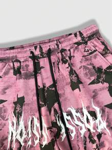 ROMWE MEN Street Life Men's Drawstring Star Print Pocket Casual Cargo Pants, For Daily Wear, Fall - Pink - View 7