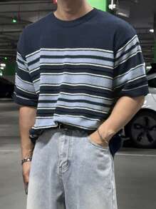 DAZY Men's Casual Loose Drop Shoulder Striped Pattern Knit Pullover - Blue - View 2