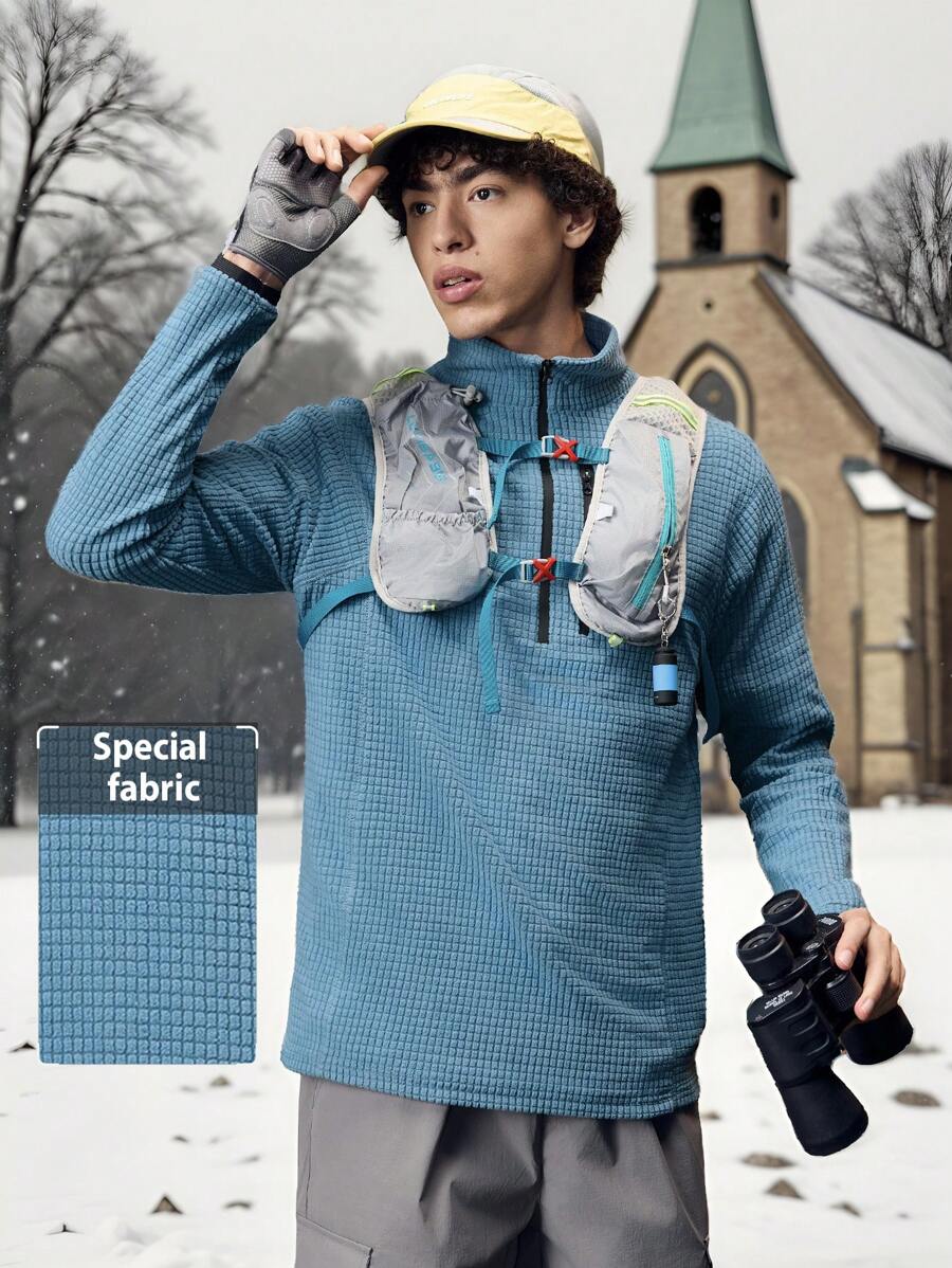 Manfinity Sport Corelite Manfinity UrbanChill 男士休闲纯色纹理立领户外连帽衫，秋季抓绒拉链连帽外套，加厚休闲百搭针织外套，适合运动和户外活动，男友风，男士冬季穿搭，男士外套，优质面料，专为户外活动设计，男士必备外套，圣诞礼物，万圣节礼物，秋冬季