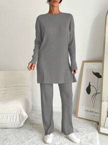 Cottnline Conjunto de 2 piezas de top de cuello redondo y pantalones de unicolor y franjas de 100% algodón para mujer