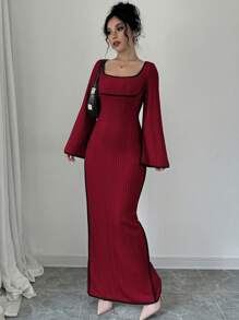 Firerie Women's Contrast Color Tie Strap Square Neck Flared Sleeve Split Hem Dress, Apricot - Burgundy - View 5